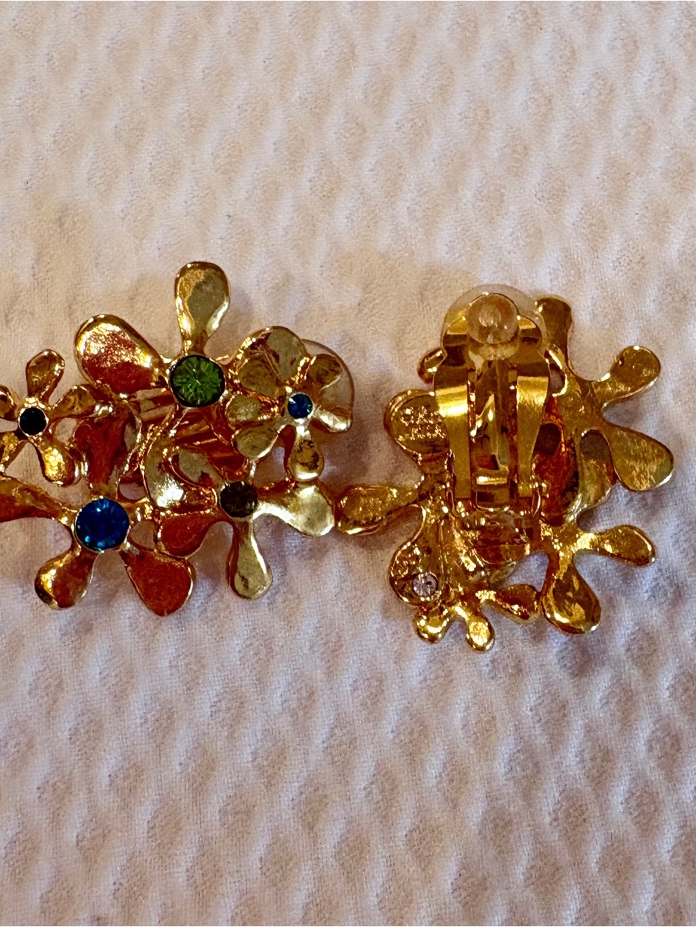 Gold Floral Cluster Earrings with Blue & Green Crystal Accents - Picture 2 of 2